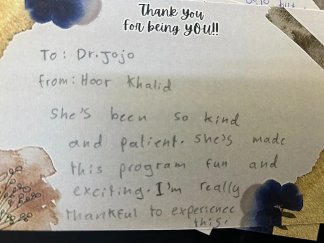 Handwritten thank-you note from Hoor Khalid
