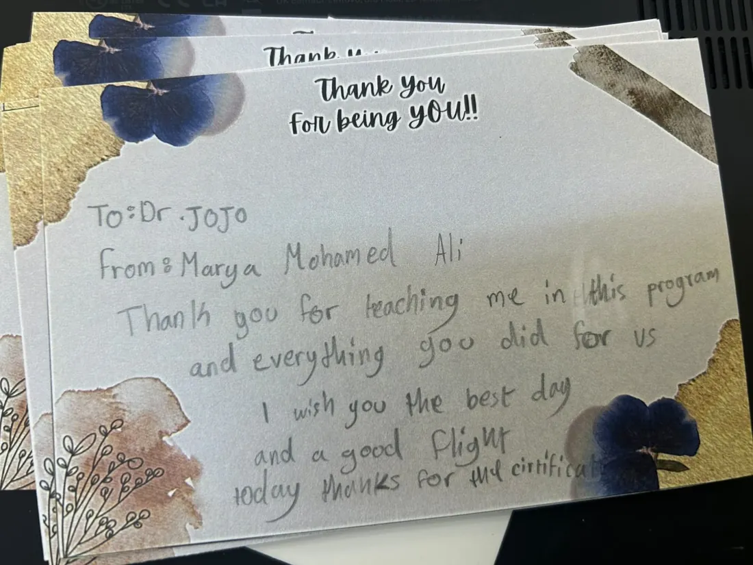 Handwritten thank-you note from Marya Mohamed Ali