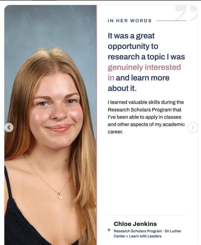Instagram feature quoting Chloe Jenkins on the skills she gained in the Research Scholars Program
