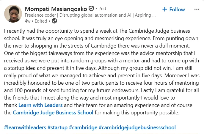 LinkedIn post by Mompati Masiangoako about his Cambridge Judge Business School startup week and seed funding
