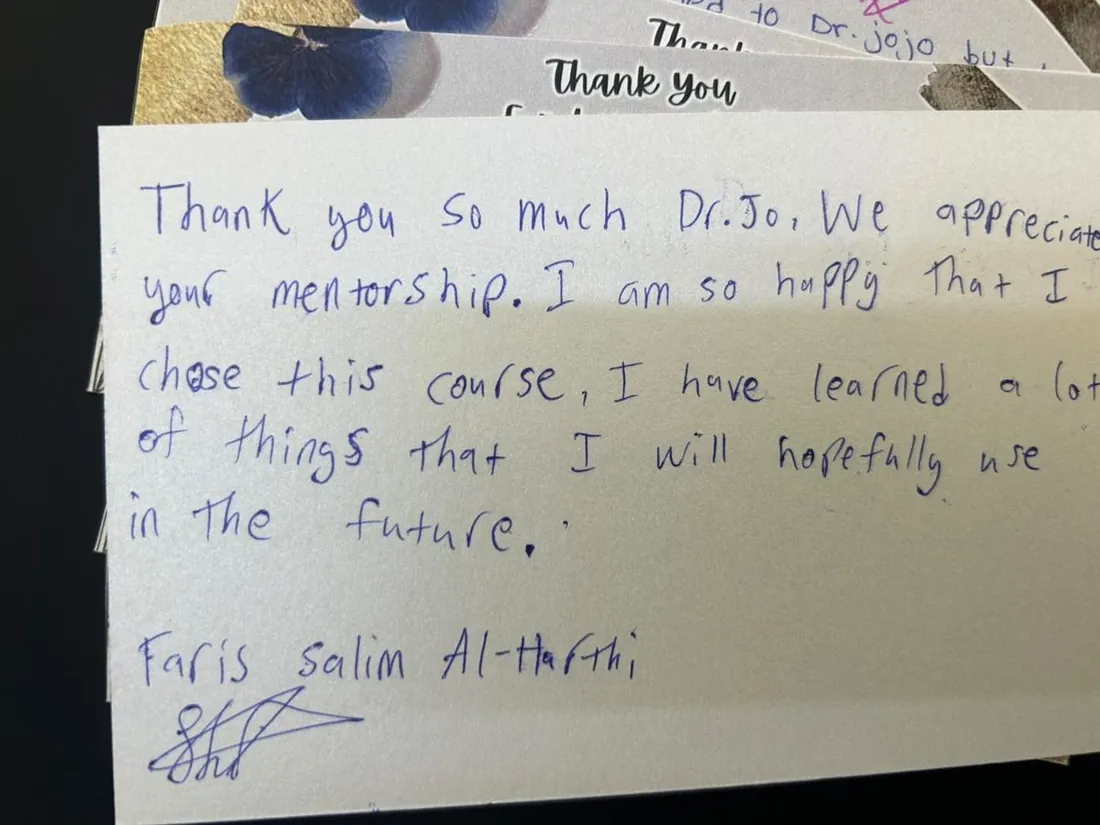 Handwritten thank-you note from Faris Salim Al-Harthi