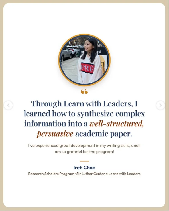 Instagram feature quoting Ireh Choe on the Research Scholars Program with the Sir Luther Center