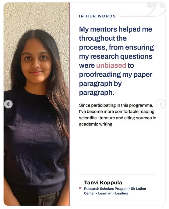Instagram feature quoting Tanvi Koppula on mentor support during the Research Scholars Program