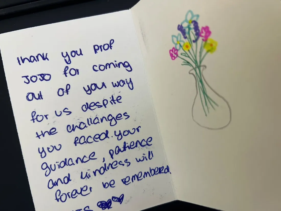Handwritten thank-you note from A cohort graduate