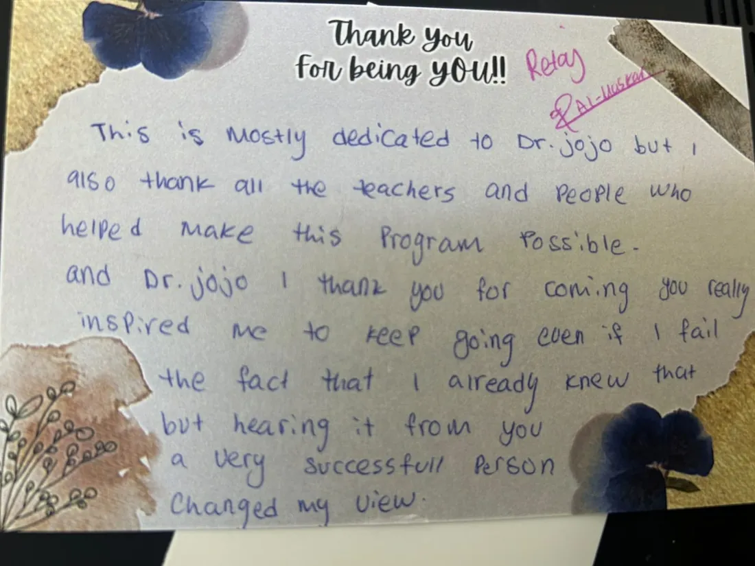 Handwritten thank-you note from Retaj Al-Hussein