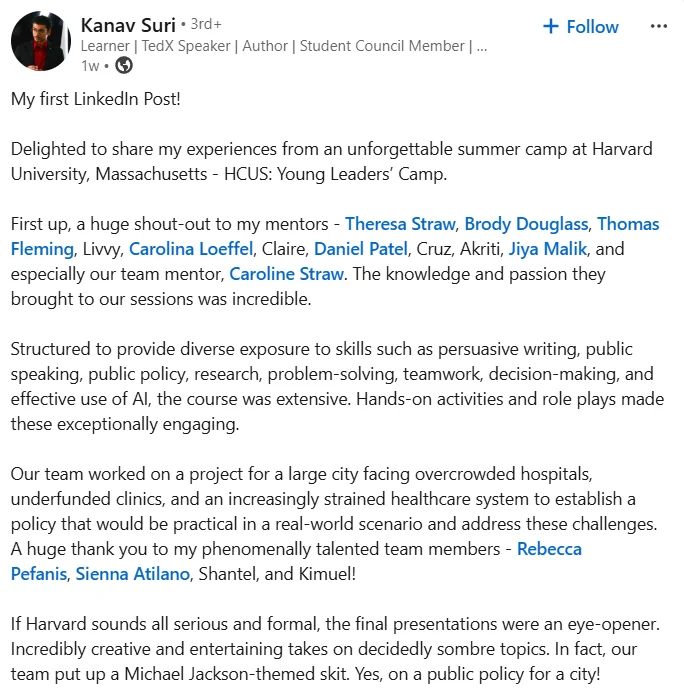 LinkedIn post by Kanav Suri about the HCUS Young Leaders' Camp at Harvard University