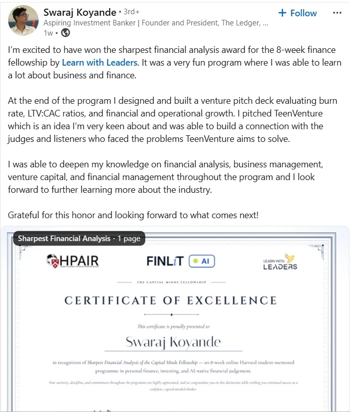 LinkedIn post by Swaraj Koyande announcing his Sharpest Financial Analysis award and venture pitch deck