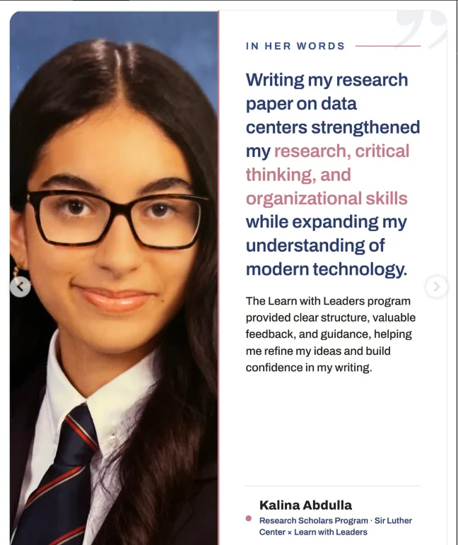 Instagram feature quoting Kalina Abdulla on her Research Scholars paper about data centers