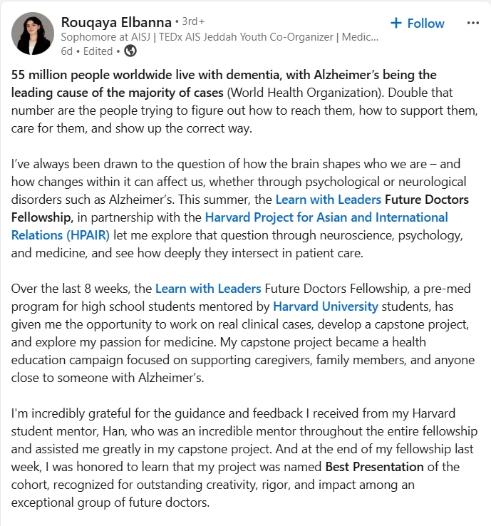 LinkedIn post by Rouqaya Elbanna about her Future Doctors Fellowship research on Alzheimer's and neuroscience