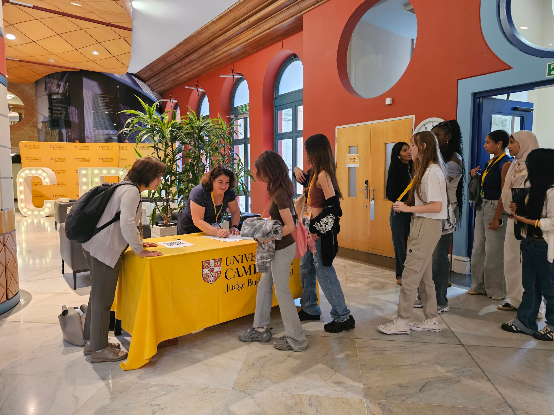 Registration desk at Cambridge Judge Business School