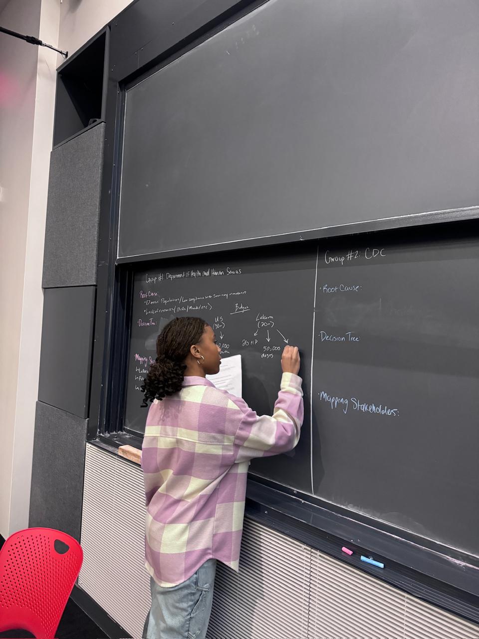 Student writing on chalkboard
