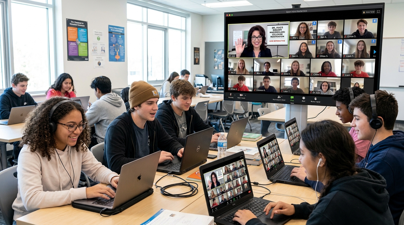 High school students participating in live interactive Zoom masterclass with Dr. Jojo